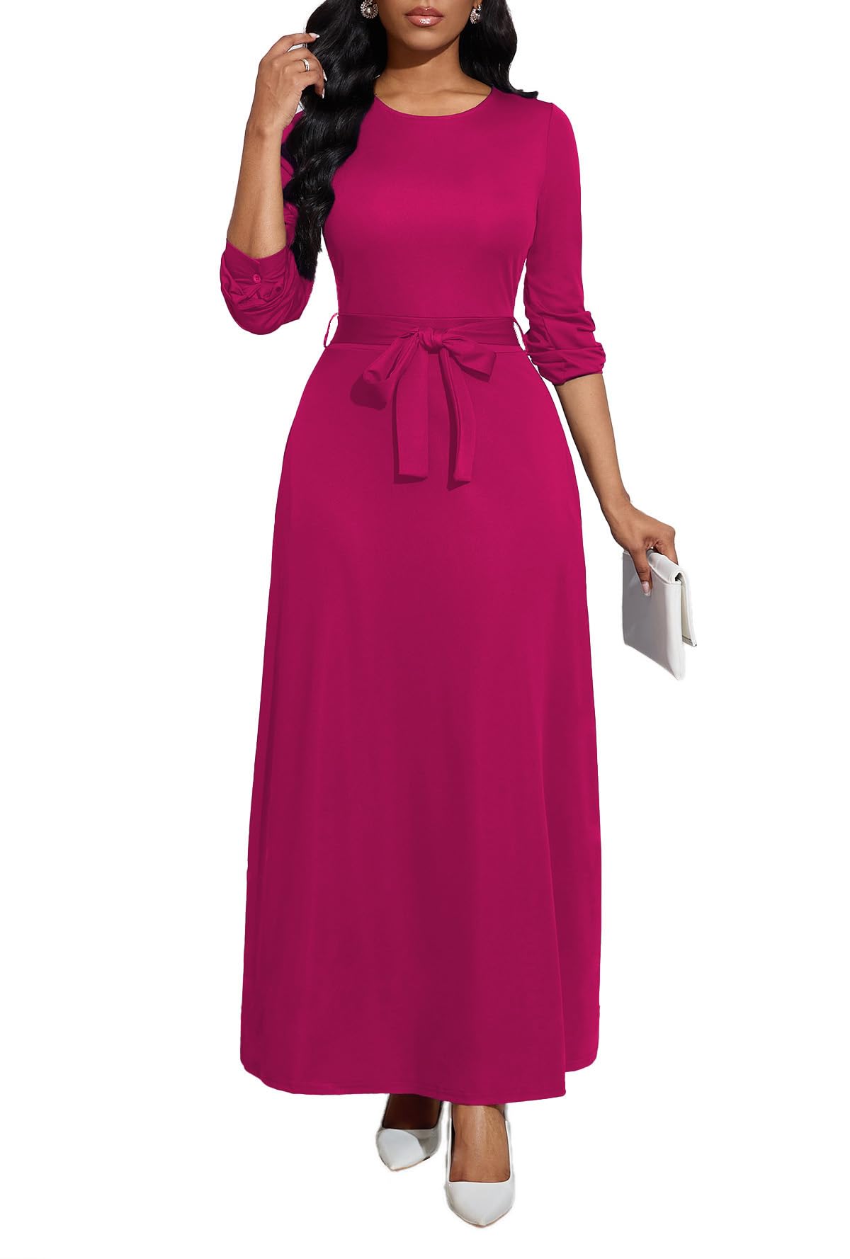 BubFee Long Dress for Women Casual Long Sleeve Dresses Maxi Dress Empire Waist Loose with Belt