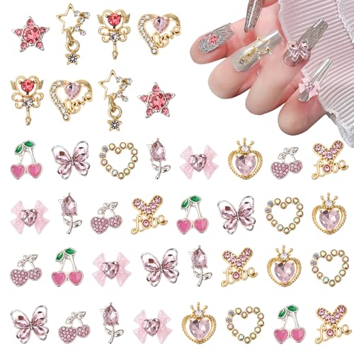 48pcs Silver Nail Charms,3D Nail Charms Heart Star Bow with Rhinestones,Alloy Craft Bead Shiny Jewelry Nail Decorations for Women DIY Crafts Supplies