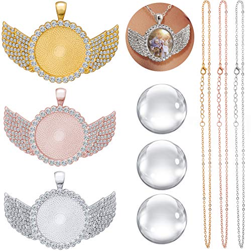 OIIKI 9pcs Rhinestone Wing Shape Bezel Pendant Trays with Round Glass Cabochons and Lobster Clasps Chains Set, Wing Rhinestone Tray for DIY Jewelry Making, Necklace (Gold/Sliver/Rose Gold)