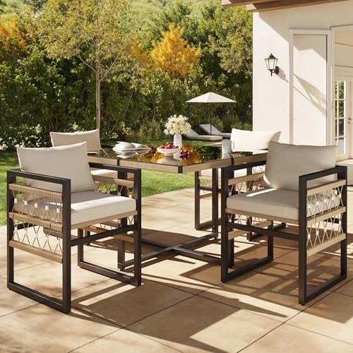 ECLIVON Conjunto de Jardin Exterior para 4 Personas, 5 Piezas, Set Muebles Jardin con 4 Sillones y Mesa, Sillas con Cojines y Respaldo, Juego de Muebles de Jardín para Terraza Patio, Negro + Beige