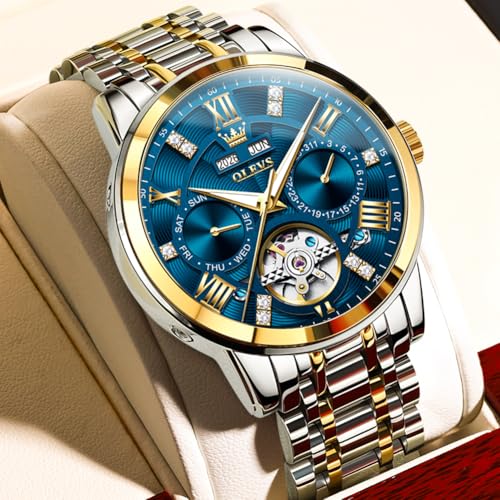 Image of OLEVS Automatic Watches for Men Self Winding Mechanical Skeleton Luxury Dress Stainless Steel Diamond Men Wrist Watches