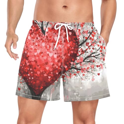 Mens Swim Trunks with Liner, Tree Heart Red Cool Quick Dry Beach Swim Shorts, Swimwear Bathing Suits S