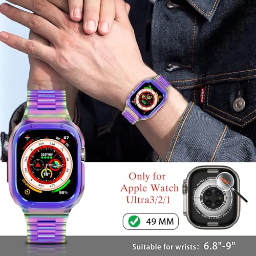 Image of Stainless Steel Band and Case Compatible with Apple Watch Band 49mm | Men Metal Protective Bumper Cover with Straps for iWatch 49mm Series Ultra 3, Ultra 2, Ultra, Multicolor