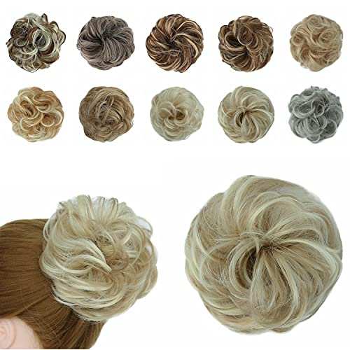 Messy Hair Bun Scrunchies Wavy Curly Synthetic Hair Extensions Donut Chigons Updo Hairpieces (Ash Blonde & Blonde, 85H613)