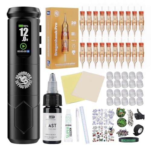 Dragonhawk A1 Pro Tattoo Kit Coreless Complete Pro Tattoo Gun Pen Machine 4.0mm Stroke Length 2000mAh Battery & 20 Tattoo Cartridges Needles for Beginners