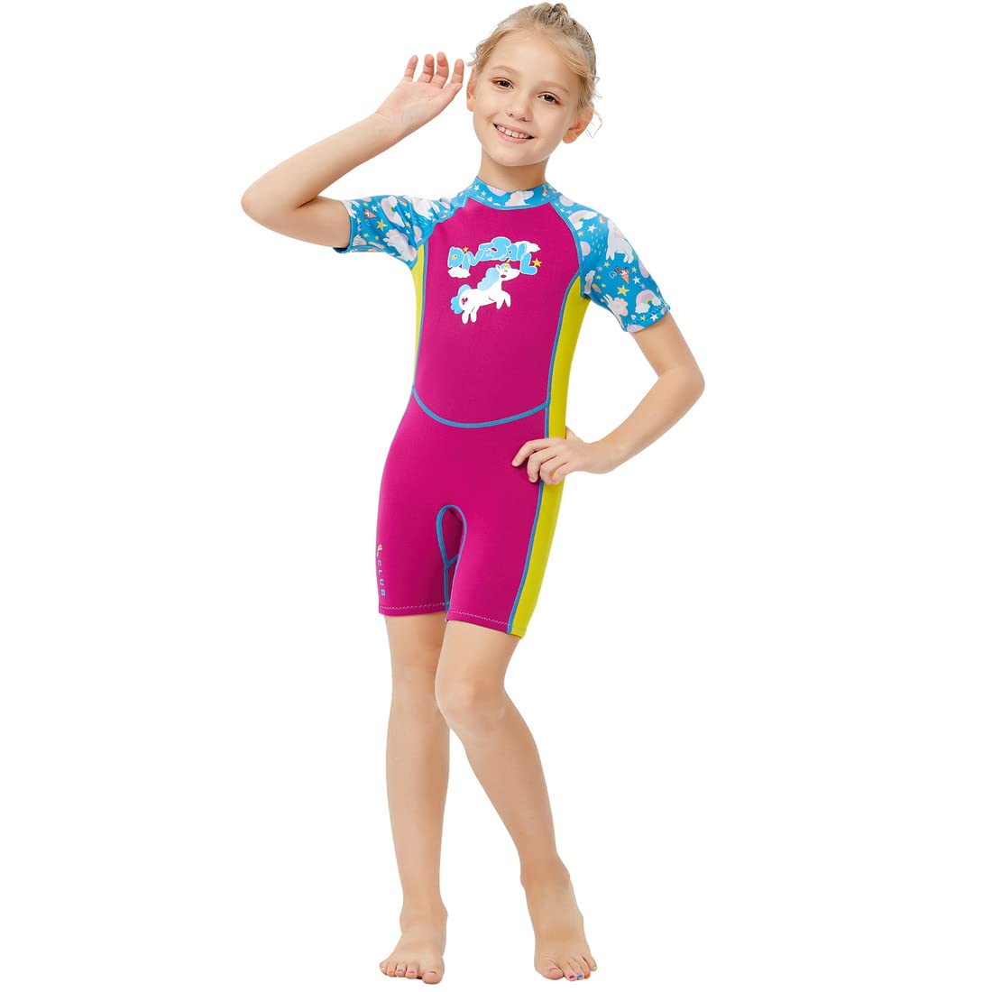 Kinder Neoprenanzug Mädchen Jungen Kurzarm Wäremehaltung UV-Schutz 2.5mm Neopren Tauchanzug Einteiliger kurzärmelig Badeanzug Reißverschluss warm Wetsuit Wassersport Einhörn XXL