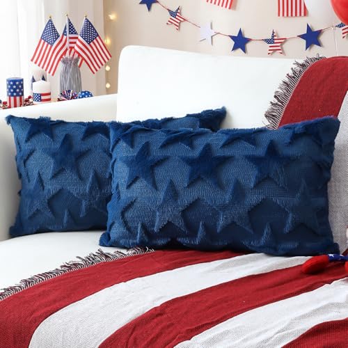 Artscope 4th of July Pillow Covers 12x20 Set of 2 Decorative Stars Patriotic Throw Pillow Cases Soft Plush Faux Fur Couch Cushion Case for Independence Memorial Day Sofa Bed Room Home Decor-Blue by Artscope - Used condition - US$7.14