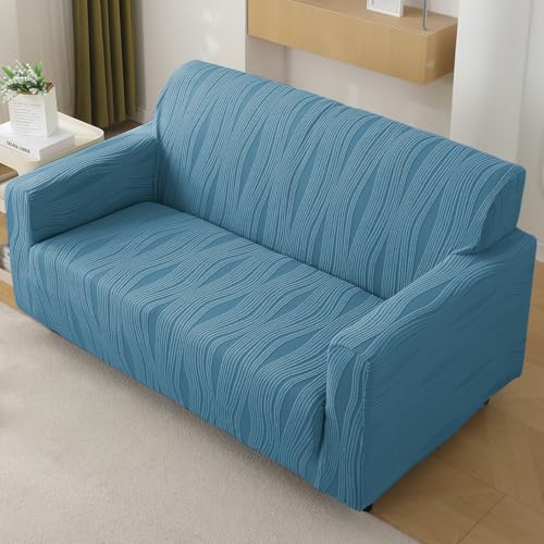 Image of HOKIPO 200 GSM Premium Knitting Jacquard Sofa Cover 2 Seater Fully Covered, 'Nestiva Series' Sea Blue (NEW2-AR-5308-BL)