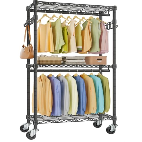 Heavy Duty Clothes Rack,Rolling Garment Rack Adjustable Closet Racks,Freestanding Portable Wardrobe with Double Rods & Hooks, Total Load 350 lb, Easy Assembly, for Cloakroom, Bedroom