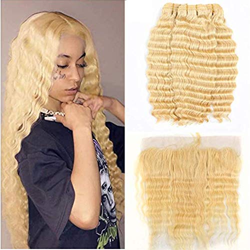Fabeauty 613 Blonde Human Hair 3 Bundles with Frontal Brazilian Deep Wave with Baby Hair Frontal 100% Ear to Ear Virgin Human Hair Weave with Lace Frontal (10 10 10+10)