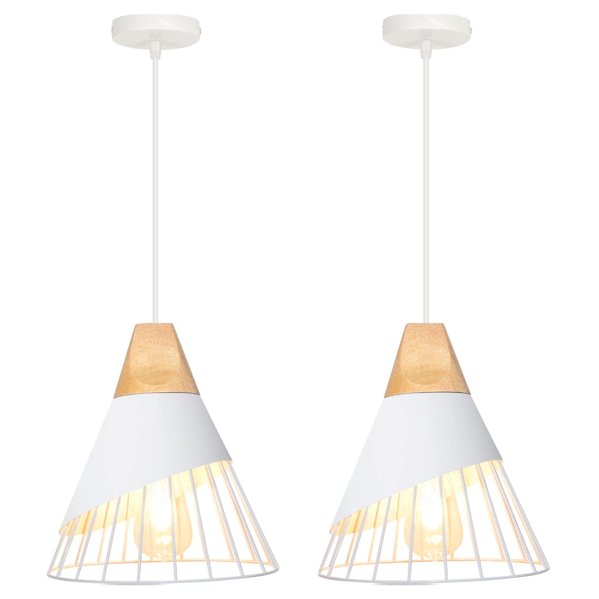 TOKIUS Lámpara Colgante Vintage Lámpara de Techo Interior Estilo Creativa Jaula de Hierro con Madera E27 Lámparas Araña para Dormitorio Sala Comedor, 25CM (Blanco, 2 Piezas)