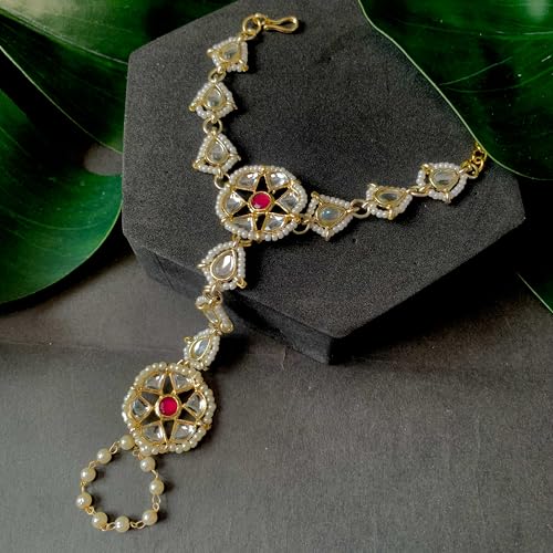 Image of I Jewels Traditional Gold Plated Kundan & Pearl Floral Design Haath Phool /Panja Adjustable Bracelet for Women (PIJ046Q) (1-Piece)
