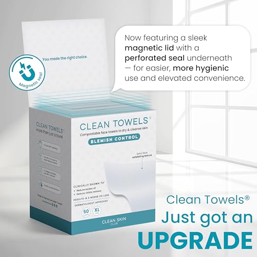 Image of Clean Skin Club Blemish Control Clean Towels XL, Compostable Face Towels, Eczema Association Accepted Disposable Face Towelette, Makeup Remover Dry Wipes, 2 Packs, 100 Ct Total