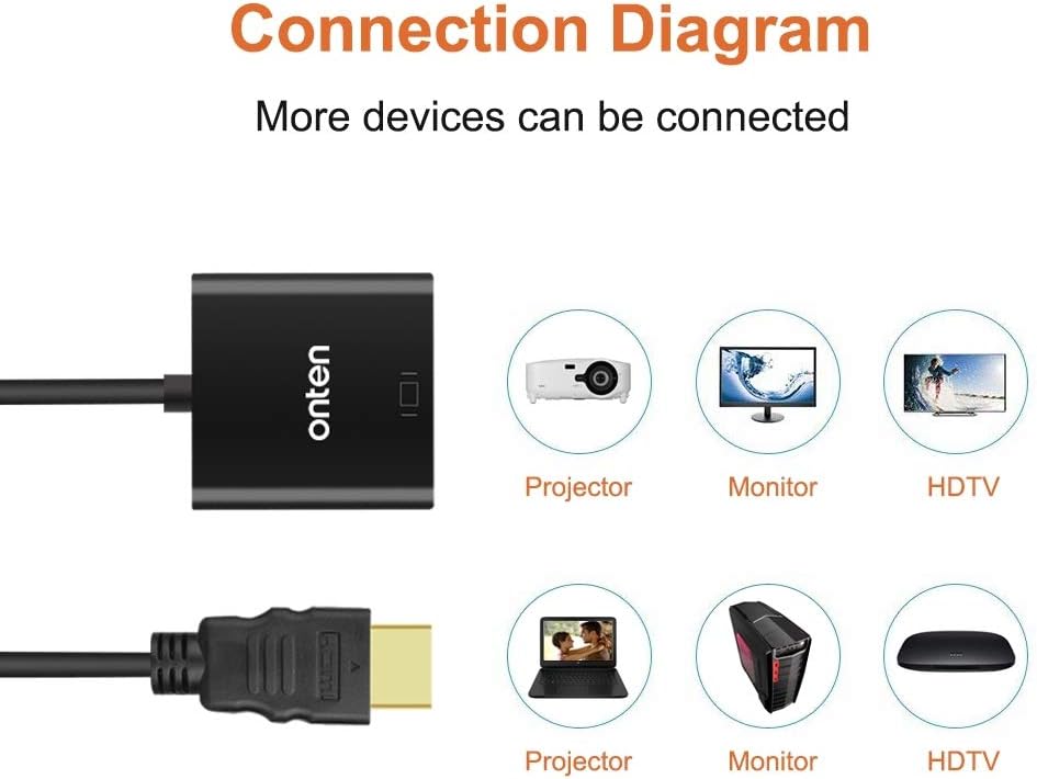 Laptop connected to external display via HDMI to VGA converter