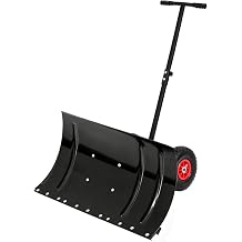 Snow Shovel with 2 Wheels Durable Snow Plow Shovel 30" Wide Metal Snow Pusher Adjustable Handle Efficient Snow Removal for Driveway & Sidewalk Single-Rod Black