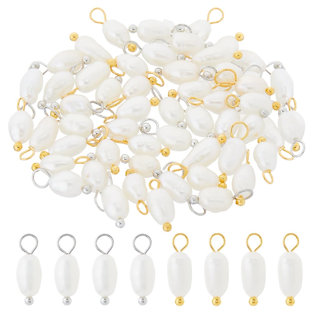 Hobbspring 50pcs Freshwater Pearl Charm Pendant 2 Colors Natural Pearl Beads Links Connectors 13mm Rice Pearl Charms with Brass Loop for Jewelry Necklace Earrings Making
