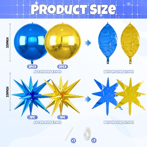 Image of 6pcs 22 inch Blue Gold Star Balloons and 4D Large Foil Balloons, Gold Foil Star Balloon Dark Blue 4D Aluminum Balloon For Birthday Baby Shower Party Wedding Father's Day Graduation men boys Decor