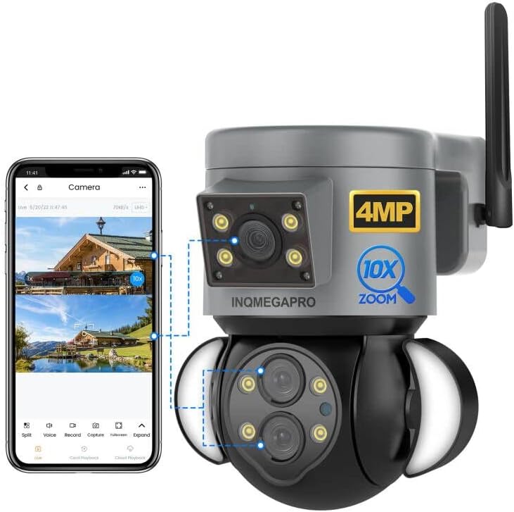 INQMEGA 4MP Security Camera Outdoor, 10X Optical Zoom,Dual-Lens Wifi Wireless Camera,360° Pan/Tilt/Zoom Security Camera System with Motion Tracking, Two-Way Talk,Siren Alarm, Color Night Vision
