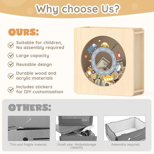 Image of Summidate Wooden Money Saving Box, Clear Window Cash Vault Savings Box with DIY Stickers, Personalized Car Piggy Bank for Kids & Adults, Birthday /Baby Shower /Wedding Gift