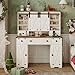 Hasuit Farmhouse Vanity Desk with Mirror and Lights, White Makeup Dressing Table with Charging Station, Rustic Vanity Mirror with Sliding Barn Door, Vanity Table with 3 Lighting Modes Adjustable