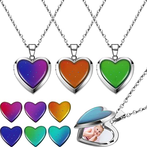 Heart Mood Locket Necklace Kid Locket Color Changing Temperature Sensing Mood Necklace Stainless Steel Love Shape Photo Pendant Birthday Valentines Gift Girls