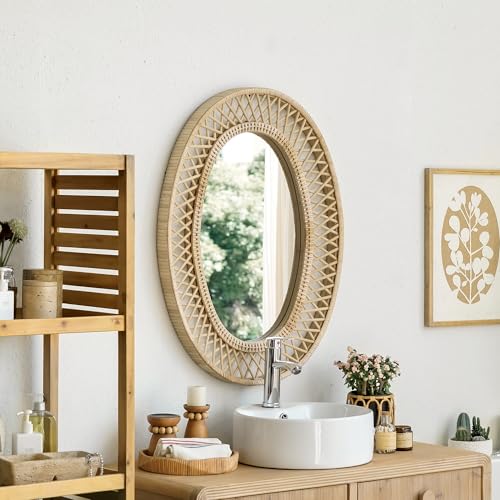 Image of Oval Rattan Wall Mirror - 24x32 Inch Boho Elegance with Woven Frame, Decorative Mirror for Bathroom Vanity Entryway Living Room