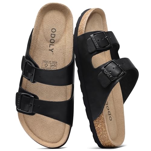 ODOLY Sandalias de corcho para hombre, con soporte de arco, sandalias de verano para exteriores con hebilla ajustable para hombre, Negro, 9.5-10