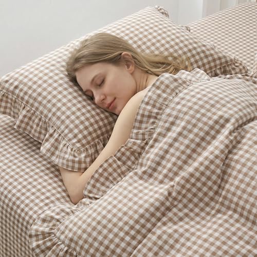 Image of Nayoroom Gingham Duvet Cover Queen Size Tan Brown Ruffle Plaid Checkered Duvet Cover 3 Pieces Soft Washed Microfiber Vintage Farmhouse Dorm Bedding Set Gifts for Women Men