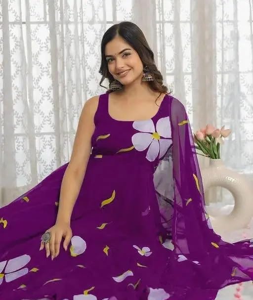 Image of DIGAMBARA Digital Floral Printed Georgette Anarkali Gown for Women, Ethnic Wear, Sleeveless, Fit and Flare Dresses with Dupatta for Womens and Girls, Purple