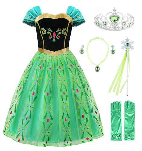 JerrisApparel Disfraz de princesa para niñas, fiesta de nieve, Halloween, cosplay, Verde con accesorios, 2-3