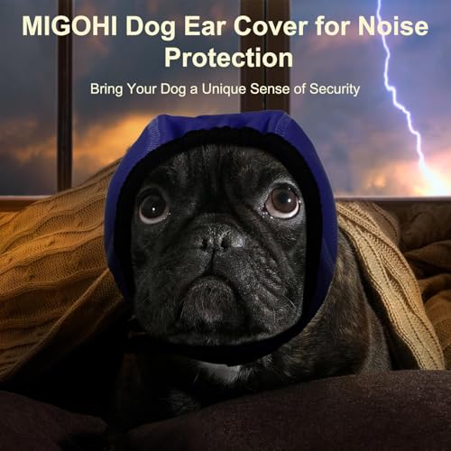 Image of MIGOHI Dog Ear Muffs Noise Protection, Calming Hoodie with Soft Padding-Adjustable Headphones for Dog, Hook & Loop Headband for Dogs, L, Navy Blue