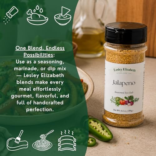 Image of Jalapeno Sea Salt by Lesley Elizabeth | Spicy Jalapeno Seasoned Sea Salt for Chicken, Beef, Pork, Seafood & Vegetables | All-Purpose Gourmet Cooking & Grill Spice