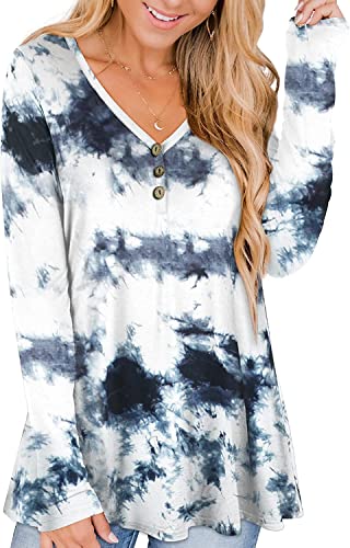 Ranphee Camisetas Mujer Invierno Blusas y Camisas Manga Larga V para Botones Mujer Ropa Tallas Grandes Holgada Causal Túnica Tops Tótem Tie-Dye XL Cover