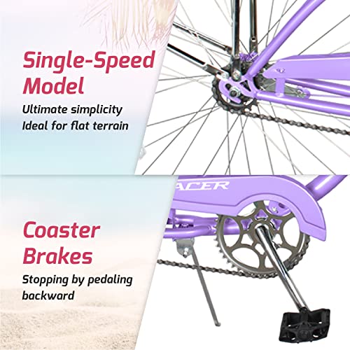 Bicicleta Tracer Nova Beach Cruiser para Mujer, ruedas de 26 pulgadas, marco de acero Hi-Ten, 1 velocidad, freno contrapedal, bicicleta híbrida para adultos, bicicletas cruiser completas, color púrpura miniatura 4