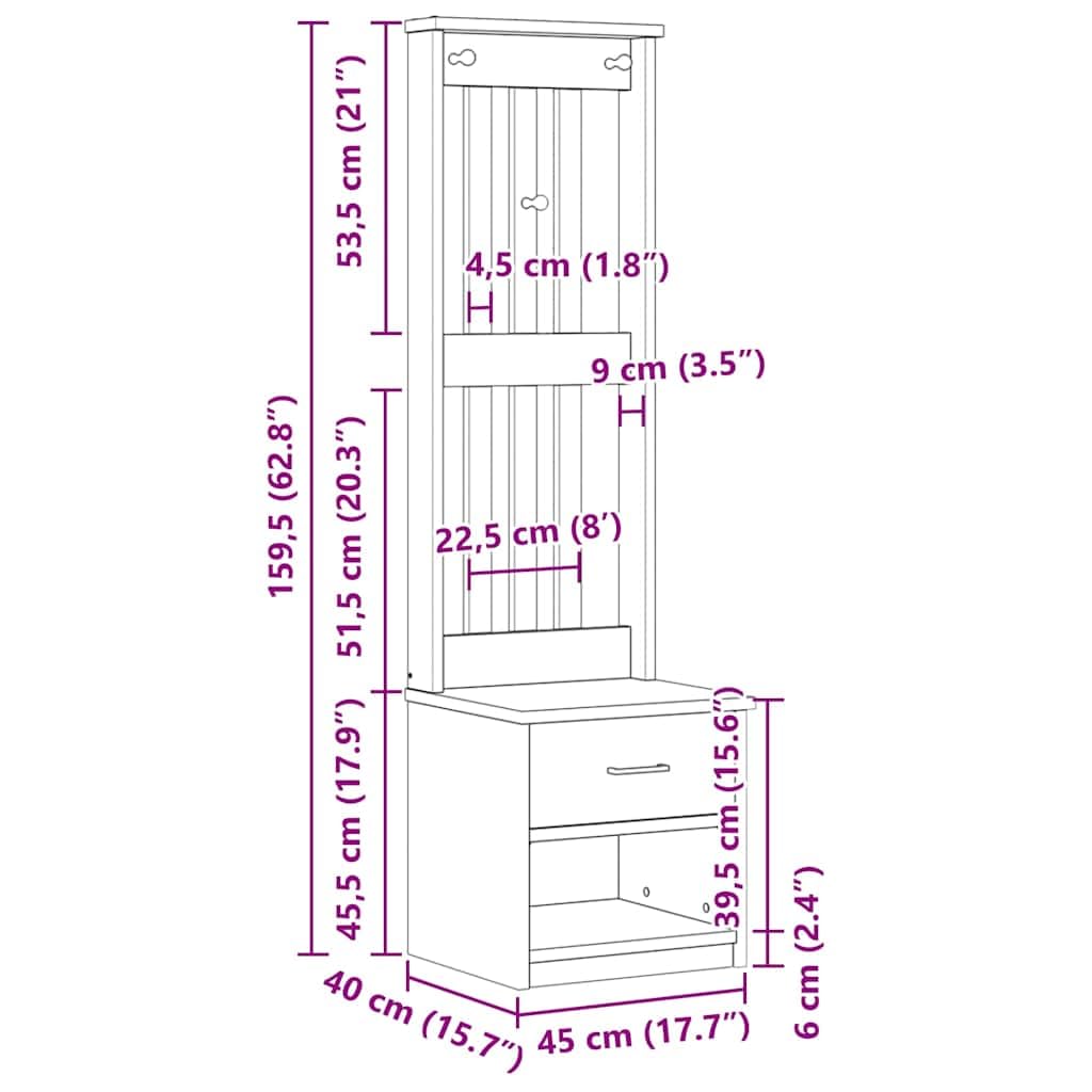Perchero SANDNES blanco de madera de pino maciza, 45 x 40 x 159,5 cm, con espacio de almacenamiento, banco, cajón y compartimento abierto para pasillo, pasillo y entrada al orden