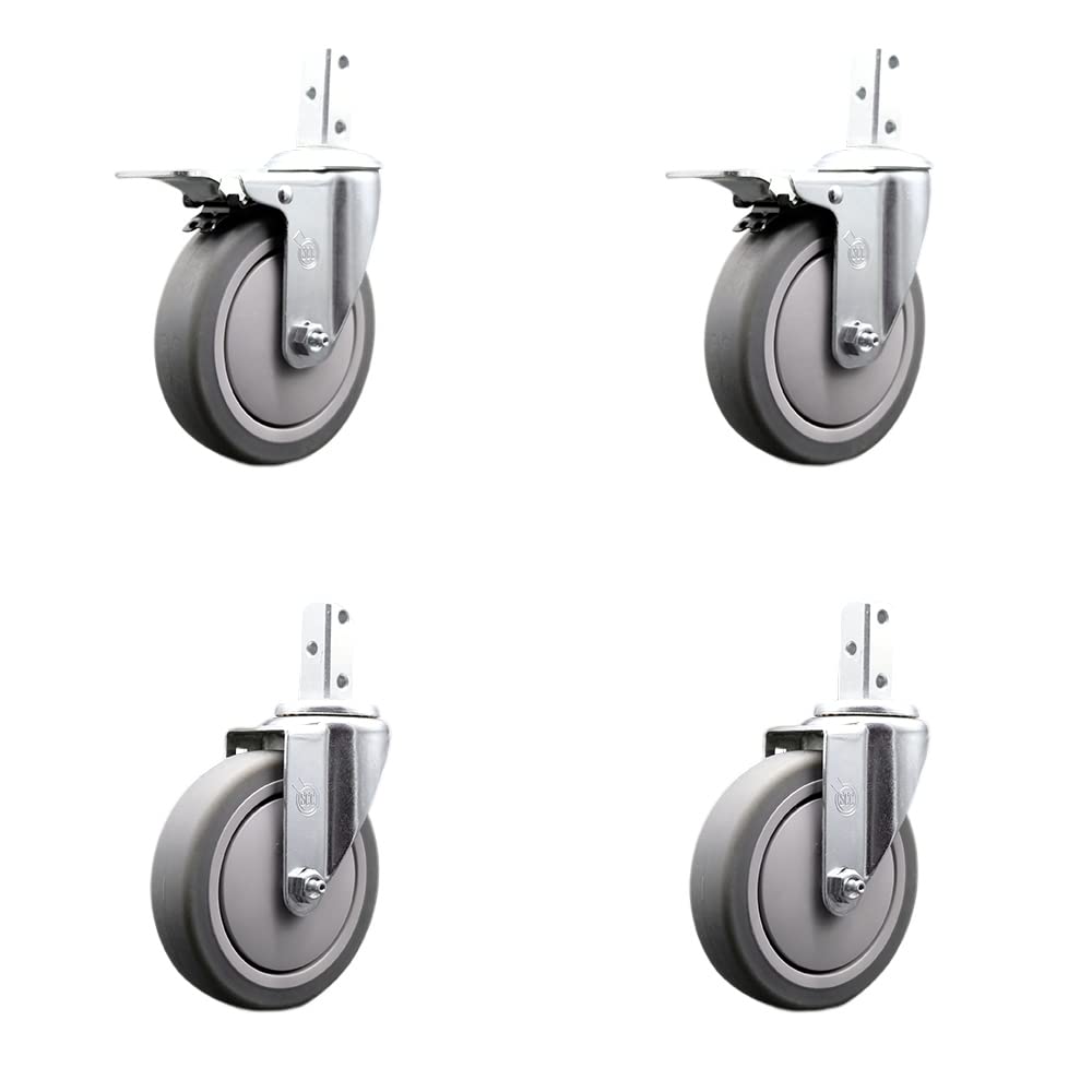 Swivel Square Stem Caster Set 4 w/5” x 1.25” Gray Thermoplastic Rubber Wheel - 7/8” x 2” Square Stem with (3) 17/64” Diameter Mounting Holes - Includes 2 Total Lock Brakes - Service Caster Brand