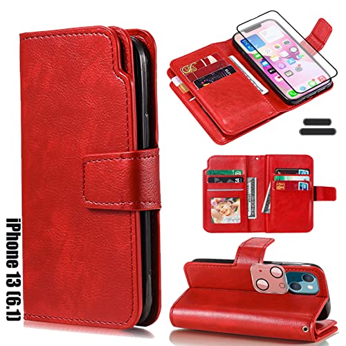 LMDAMZ for iPhone 13 6.1 Inch Wallet Case [3+ Card Slots] ID Business Card Credit Card Slot Carry Pouch with Stand Double Sided Multi-Card Slot Flip Folding PU Wallet Leather Case (Red)