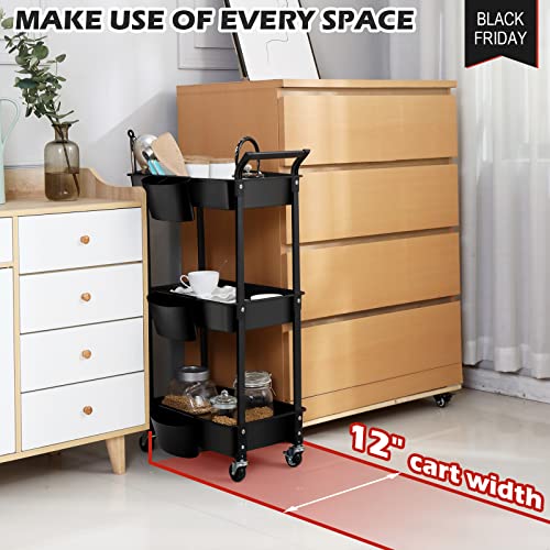 Hamone 3-Tier Utility Rolling Cart,Mobile Utility Cart With Lockable Caster Wheels,Storage Shelves Organizer Cart, 3 Hanging Baskets, Easy Assembly,For Bathroom, Kitchen, Office, Workshop,Black #TOP6