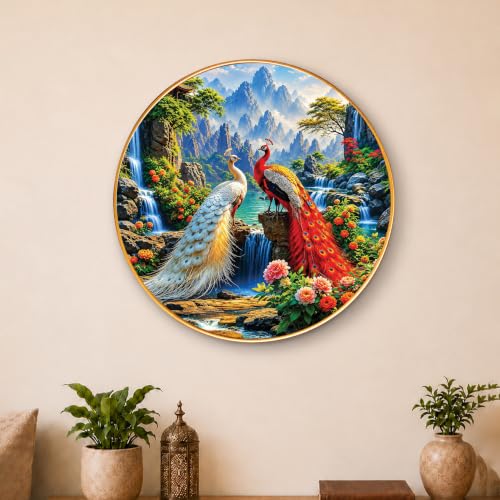 Image of PAINTINGMANTRA Pair of Peacocks Vastu Framed Wall Art Painting For Living Room, Waterfalls & Mountains Poster with frame for Wall, Decoration item for bedroom & Home, 16 Inch