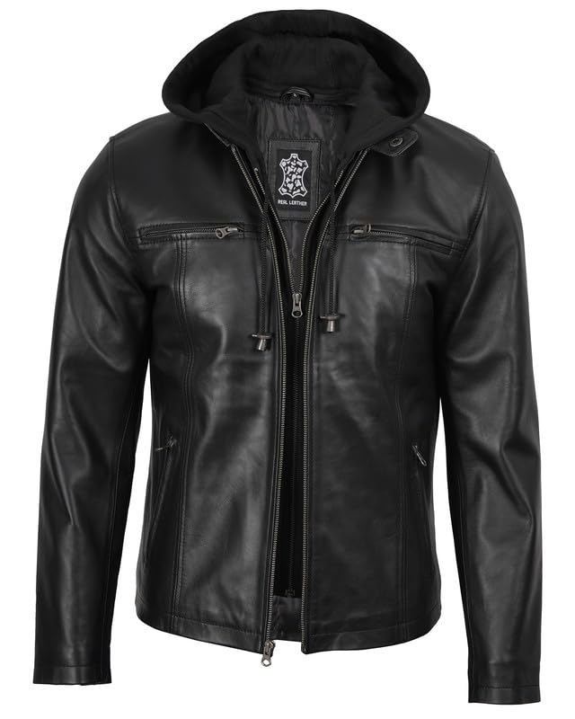 Image of Decrum Hooded Leather Jacket Men | Real Lambskin Leather, Detachable Hood, Zip Closure, Multiple Pockets, Polyester Lining