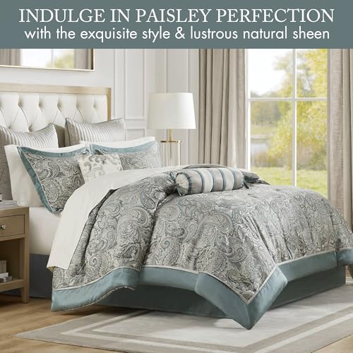 Image of Madison Park Aubrey Cozy 12 Piece Comforter Set & Sheet, Luxe Faux Silk Jacquard Paisley Design - All Season Down Alternative Bedding with Cotton Bed Sheets, Bedskirt, Toss Pillows, Cal King Teal