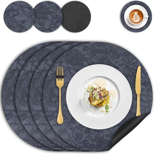 Placemats and Coaster Sets 4, Dual-Sided Leather Table Mats Heat-Resistant Non Slip Waterproof