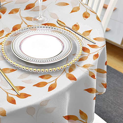 Warm Tour Orange Gradient Maple Leaves White Kitchen Table Cloth Waterproof Round Tablecloths,Fall Aesthetic Abstract Leaf Spillproof Tablecover For Dining Room/Outdoor Parties/Bbq/Banquet #TOP3
