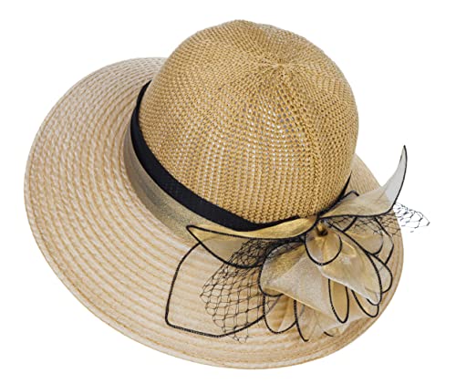 Women Kentucky Organza Derby Hat - Wide Brim Summer Sun Hat for Bridal Wedding Church Tea Party Khaki