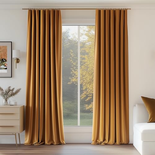 Topfinel Velvet Blackout Curtains Gold Brown Room Darkening Soundproof Insulated Curtains 84 Inch Long, Mordern Luxury Drapes for Living Room, Thick Back Tab Rod Pocket 2 Panels Christmas Winter Decor