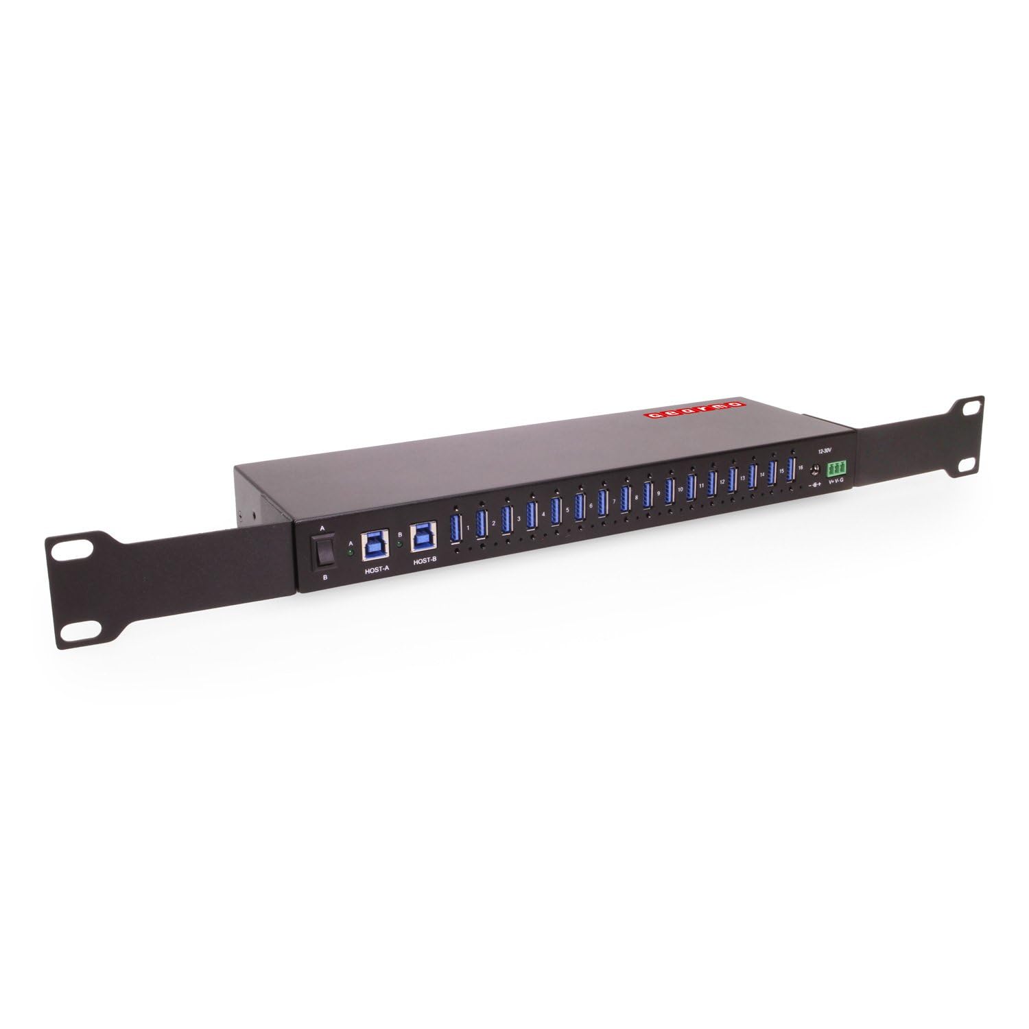 Gearmo Hub USB de montaje en rack de 16 puertos, puertos USB 3.0 tipo A, puertos dobles ascendentes, velocidad de 5 Gbps, protección contra sobretensiones ESD, concentrador USB industrial de 1U