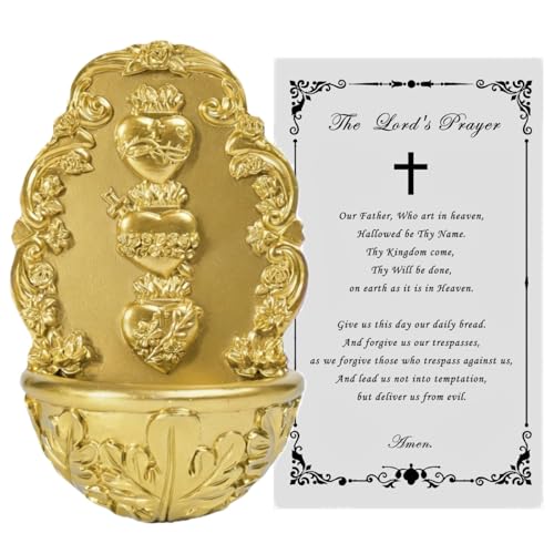 Snugology Holy Water Font Sacred Heart Catholic Decor - Holy Water Holder with Lords Prayer Card Fuente De Agua Bendita for Wall Altar Home Entrance