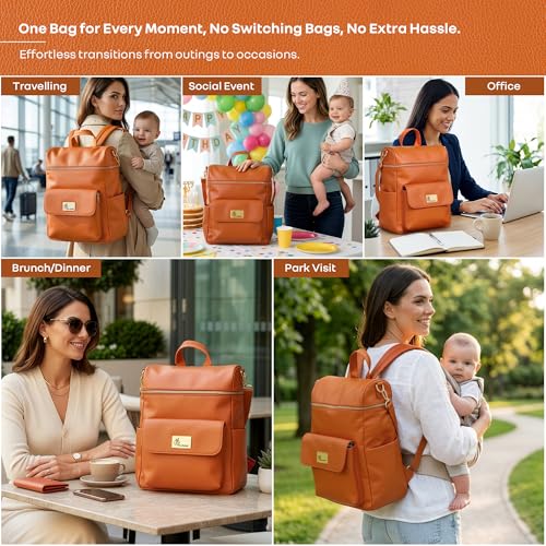 Image of R for Rabbit Caramello Bold Ivy Diaper Bag for Moms, Premium Vegan Leather with Insulated Bottle Pockets, 7 Compartments, Maternity Travel Backpack, 24 Litre Capacity (Rust Orange)