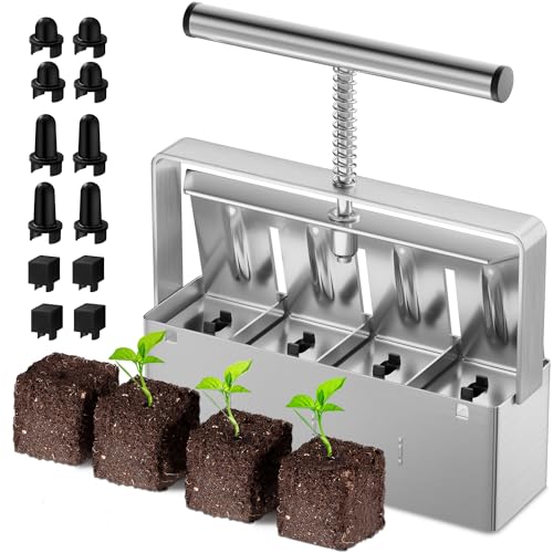 zukakii Soil Blocker 2 Inch 4 Cell Upgraded Soil Block Maker Heavy Duty with Comfortable Handle and 3 Sizes Seed Pins Handheld Soil Blocking Tool for Seed Starting transplanting Germination