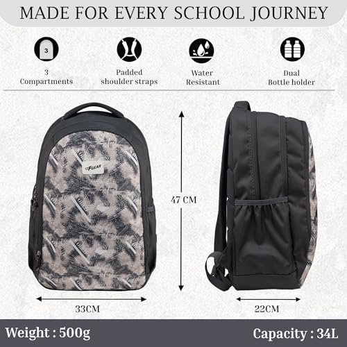 Image of F Gear Shinra Grey 34L School Backpack|3 Compartments|Airflow Padded Back Panel|Lightweight, Durable & Comfortable with water Bottle Holders|Ideal for School, College, Office & Travel